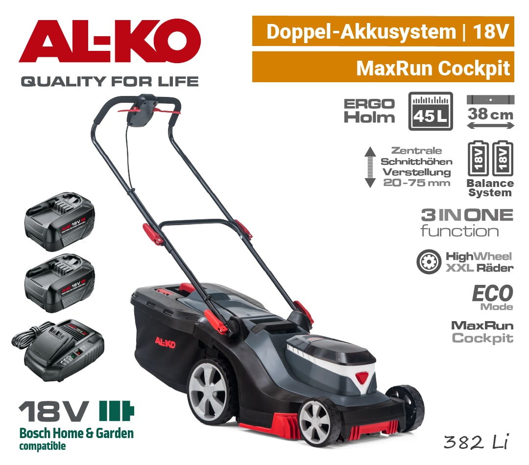 AL-KO 382 Li Premium 18V Akku-Rasenmäher ALKO 382 Li Premium Doppel 18V Akku-Rasenmäher Bosch-Home & Garden AL-KO maxRun EU9