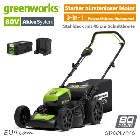 Greenworks 80V GD80LM46 Akku-Rasenmäher 80 Volt 46 cm Akku SET EU9