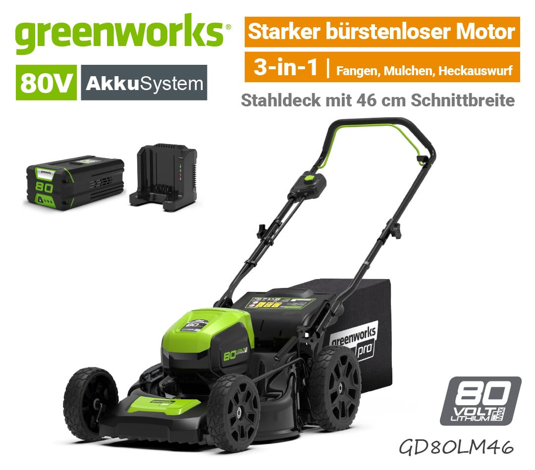 Greenworks 80V GD80LM46 Akku-Rasenmäher 80 Volt 46 cm Akku SET EU9