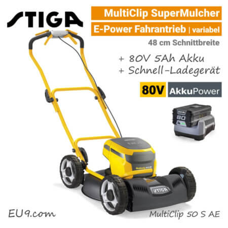 Stiga MultiClip 50 S AE OLED-Display 80V Akku-Mulchmäher-Rasenmäher Antrieb 80-Volt SET EU9