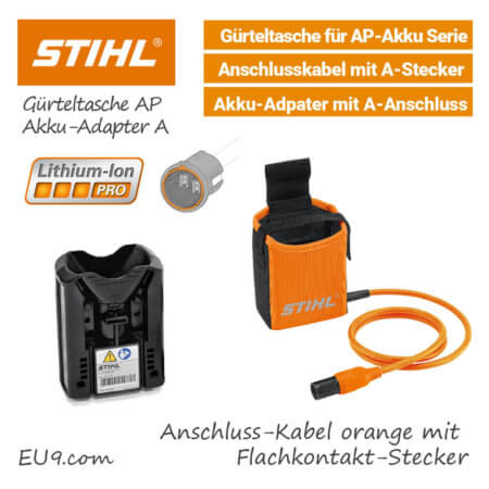 Stihl Akku-Gürteltasche Orange mit A-Stecker und Akku-Adapter AP Li-Ion Pro EU9